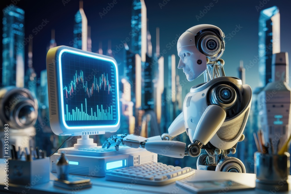 Poster A futuristic robot analyzes stock market data on a computer screen, showcasing technological advancements in finance.