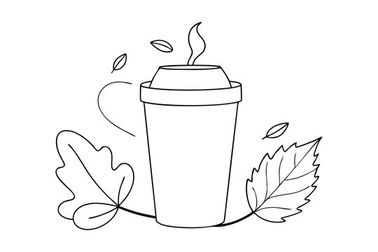 black and white coffee cup with leaves clip art preview