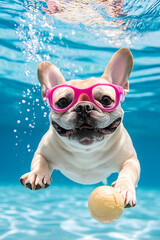 French bulldog with pink goggles swimming underwater