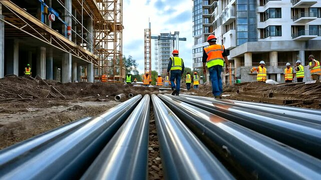 PVC pipes are arranged in rows on a dirt-filled construction site, their smooth surfaces reflecting the morning light, with scaffolding and workers moving near an incomplete buildi