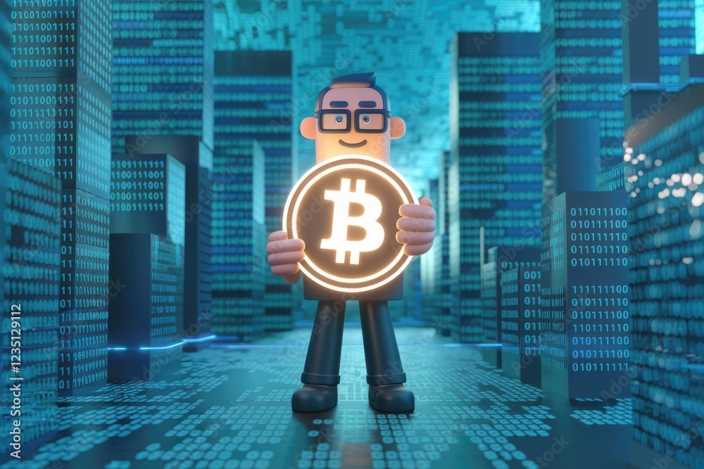 Poster A 3D cartoon businessman holding a glowing Bitcoin symbol against a backdrop of binary code.
