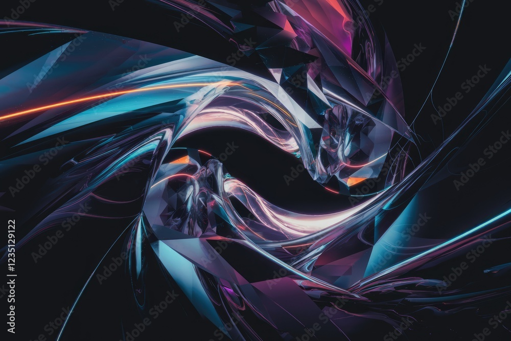 Poster abstract swirling forms with neon lights, creating a futuristic, glassy, and dynamic visual.