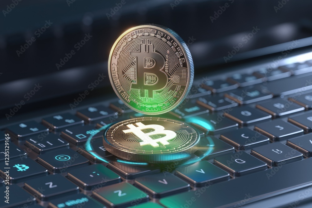 Poster bitcoin cryptocurrency digital coin on laptop keyboard, symbolizing online transactions and digital 