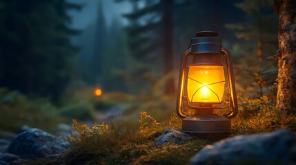 A lantern is lit in a forest