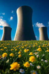 A nuclear power plant with yellow flowers in front of it