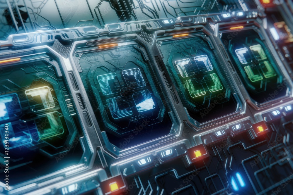 Poster Futuristic digital interface with glowing screens displaying data streams, showcasing advanced technology.