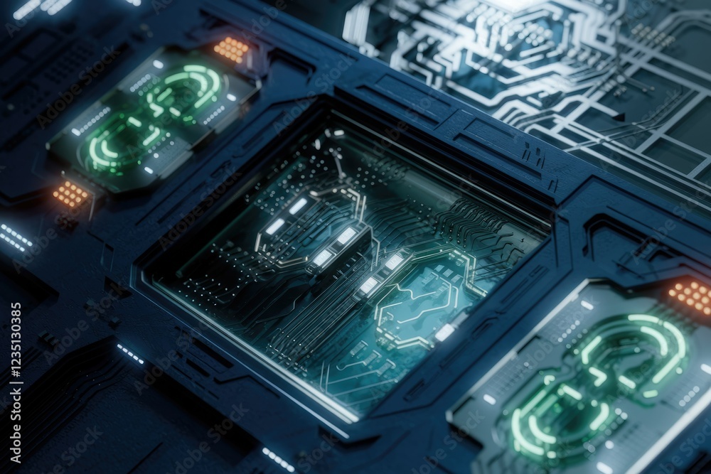 Poster futuristic technology, a close-up view of a circuit board with glowing elements.