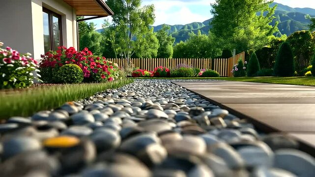 An elegant outdoor patio with piles of river stones and gravel bordering flower beds, adding a natural aesthetic and functional touch to the landscaping.