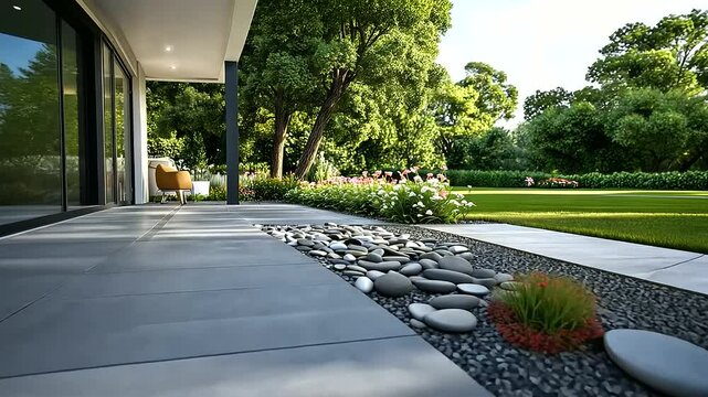 An elegant outdoor patio with piles of river stones and gravel bordering flower beds, adding a natural aesthetic and functional touch to the landscaping.