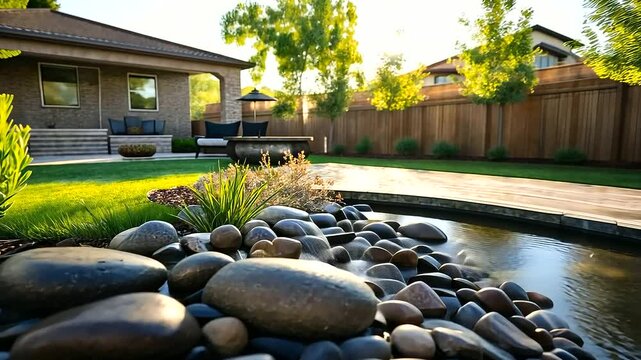 Decorative piles of river stones and colorful gravel arranged around a tranquil water feature in a modern backyard, emphasizing versatility in landscaping design.