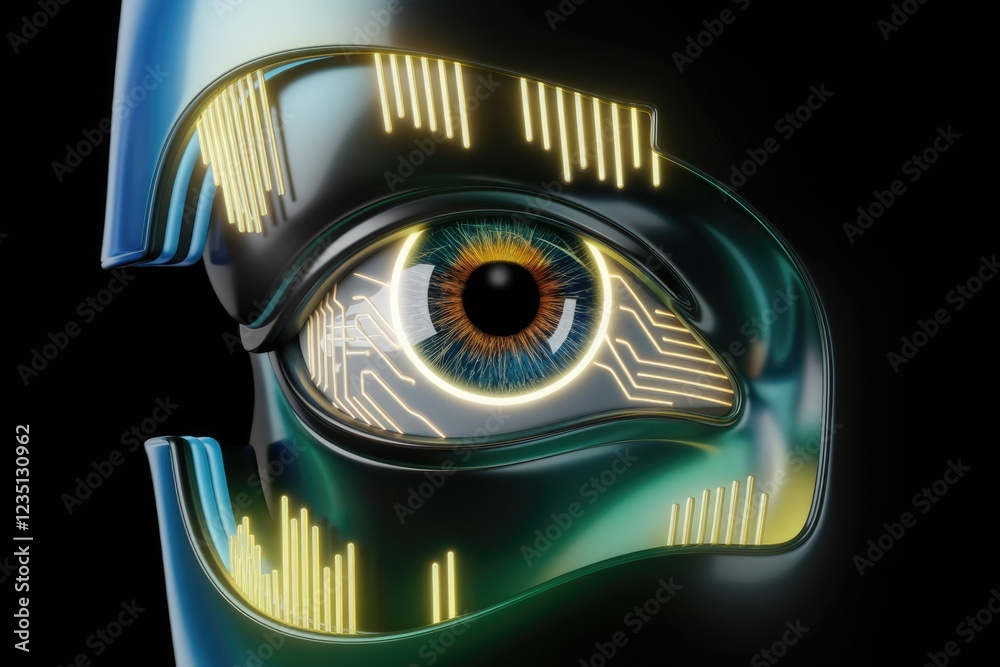 Poster a futuristic robotic eye with glowing circuits, showcasing advanced technology and artificial intell