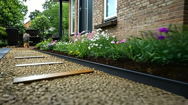 A landscaped garden pathway made of gravel, bordered by mounds of river stones and blooming flowers, creating a harmonious and inviting outdoor space.
