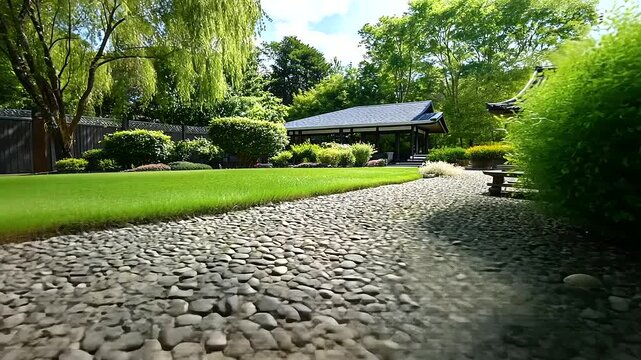 Piles of river stones and gravel creatively arranged in a Zen garden setting, symbolizing tranquility and versatility in outdoor decor.