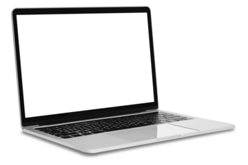 Modern generic silver metallic laptop with a blank white screen and isolated on a transparent background.
