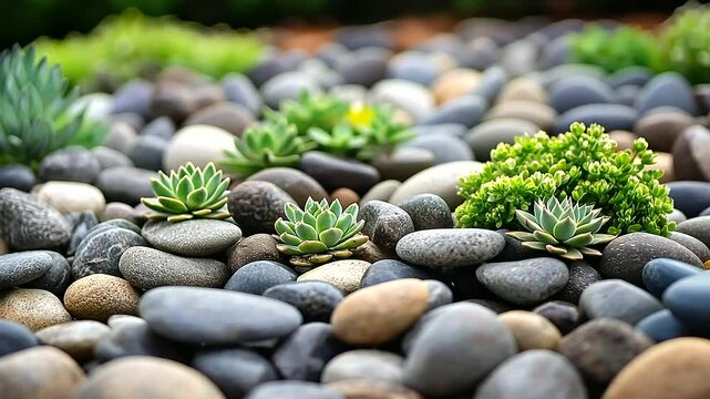 An artistic landscape featuring piles of river stones and gravel combined with succulents and cacti, demonstrating low-maintenance yet visually appealing outdoor design.