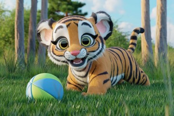 Adorable 3D-rendered tiger cub playfully interacts with a ball in a lush green forest setting.