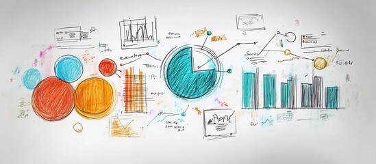 Colorful hand-drawn business charts and graphs illustrating data analysis and trends