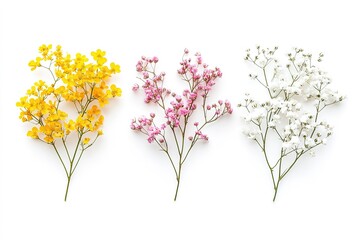 Set of small sprigs of yellow flowers of berberis thunbergii, pink chamelaucium and white gypsophila isolated.