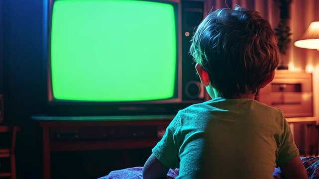 Child Watching Retro TV with Green Screen Nostalgia Kid Television