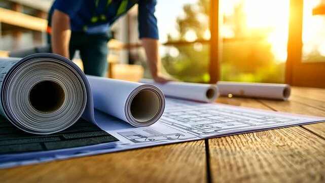 A roll of roofing felt placed beside an industrial stapler and a stack of roof tiles on a wooden workbench, with neatly rolled blueprints adding a professional touch.