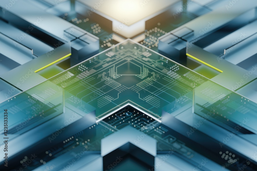Poster abstract digital circuitry, futuristic technology concept, complex network design, glowing green pat