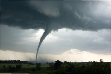 Dramatic Skies, A dramatic tornado descends from dark storm clouds, showcasing nature's power in a rural landscape.
