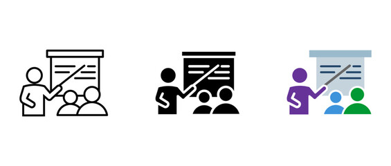 Teacher near a presentation board icon. A seminar with students symbol. A professor at a training pictogram. A business meeting illustration. Learning in a classroom sign.