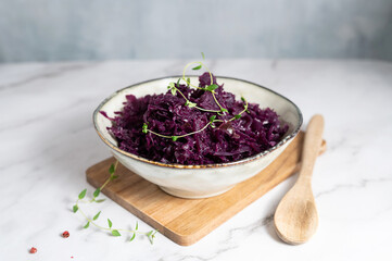 Sauerkraut, fermented red cabbage, full of natural probiotics.