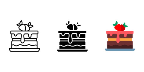 Cake icon. Birthday cake with icing sign. Confectionery pastry with frosting symbol. Chocolate cake with strawberry pictogram. Celebration dessert illustration.