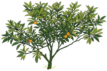 Fototapeta premium Citrus tree, lush green foliage, small orange fruits, compact shrub, vibrant leaves, botanical illustration, white background, top-down view, photorealistic, high detail, natural lighting, isolated pl