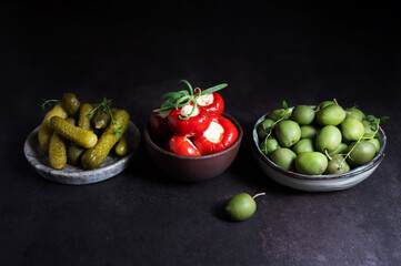 Pickles: marinated green olives, cucumber, mini bell peppers, full of natural probiotics.