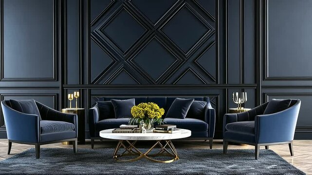 A luxurious living room showcases decorative wall panels with interlocking diamond D patterns, surrounded by velvet armchairs, a marble coffee table, and plush rugs for an elegant