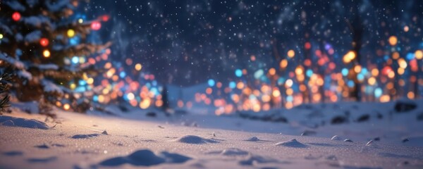 Obraz premium Colorful and vibrant abstract bokeh lights against a serene snow-covered landscape during the holiday season, serenity, holiday cheer, abstract bokeh