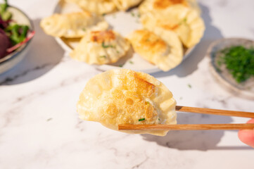 Chopsticks holding a fried dumpling, authentic Asian cuisine.