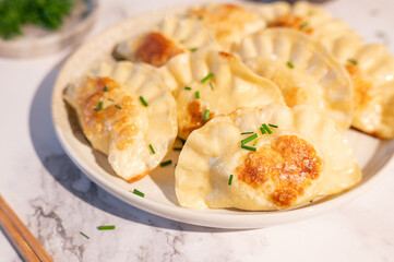 Fried dumplings arranged on a plate, topped with green onions, Chinese traditional cuisine.