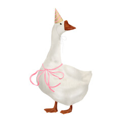 White domestic goose in a party hat and with a pink bow. Watercolor digital illustration. Cute farm bird, gosling isolated on white background. Gender reveal party, birthday, Easter and home textile © Elena