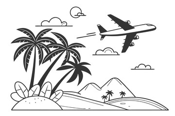 Large airplane taking off, tropical island silhouette, palm trees, minimalist sketch, black and white lineart, simple clouds, beach landscape, aviation illustration, travel concept, contrast design, c