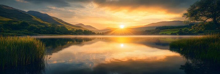 Harmonious Sunrise Over Serene Lake with Reflective Waters and Lush Green Hills at Dawn