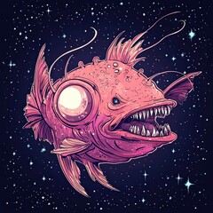 Colorful deep sea creature with sharp teeth swimming in outer space