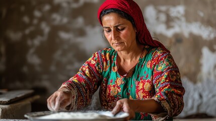 Woman in Traditional Attire Preparing Suhoor Meal in Kitchen