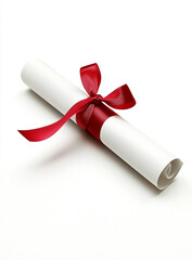 "Cute Red Ribbon Tied Around a White Rolled-Up Diploma, Set Against a White Background"