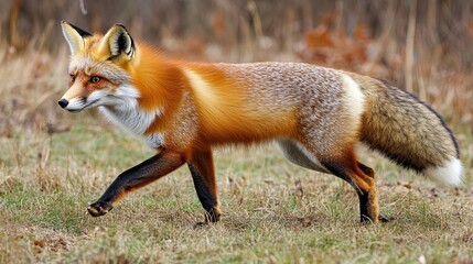 Fototapeta premium A red fox (Vulpes vulpes) moving forward on a meadow in wintertime nature.