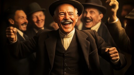 A joyful elderly man in vintage clothing exuberantly enjoying time with friends, capturing a moment of happiness, camaraderie, and timeless connection.