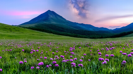 Obraz premium Purple wildflowers bloom in a green alpine meadow under a pointed mountain peak and the Milky Way galaxy at twilight.