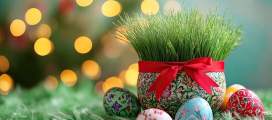 A festive Nowruz display with green grass, colorful eggs, and a red ribbon, AI generated image