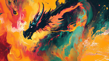 Dragon rendered in abstract expressionism style, using bold brushstrokes and vivid colors to convey the powerful and mythical essence of the dragon. Abstract Expressionism. Illustration