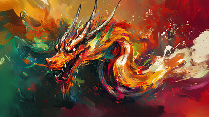 Dragon rendered in abstract expressionism style, using bold brushstrokes and vivid colors to convey the powerful and mythical essence of the dragon. Abstract Expressionism. Illustration