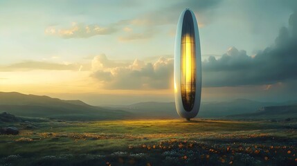 A large, glowing object sits in a field of grass