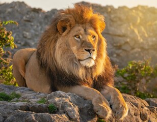 Naklejka premium A close-up of a majestic lion resting on a rocky outcrop, with golden sunlight highlighting its mane.