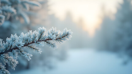 Frozen Winter Wonderland: Close-Up of Frost-Covered Pine Branch in a Magical Snowy Forest at Sunrise